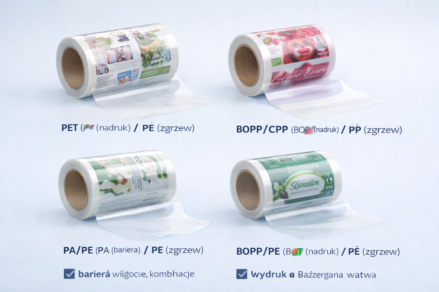 Na ilustracji przedstawiono przykłady najczęściej stosowanych struktur laminowanych, takich jak PET/PE, BOPP/CPP, PA/PE oraz BOPP/PE. Każda z warstw pełni określoną funkcję – od wysokiej jakości nadruku, przez barierę ochronną, po szczelną i trwałą zgrzewalność. Obraz pokazuje, jak łączenie różnych folii pozwala uzyskać opakowanie dopasowane do konkretnych wymagań technicznych i branżowych.