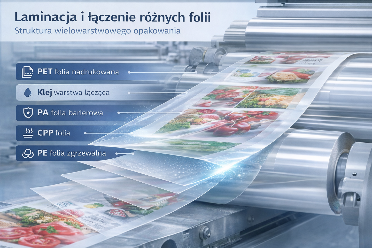 Zdjęcie przedstawia proces laminacji w fazie łączenia kilku warstw folii w jedną, trwałą strukturę wielowarstwową. Widoczna jest kolejność poszczególnych materiałów – od warstwy nadrukowanej PET, przez warstwę klejącą i barierową PA, aż po zgrzewalną folię PE. Grafika pokazuje, jak w warunkach przemysłowych powstaje wytrzymały laminat zapewniający ochronę produktu i wysoką jakość opakowania.