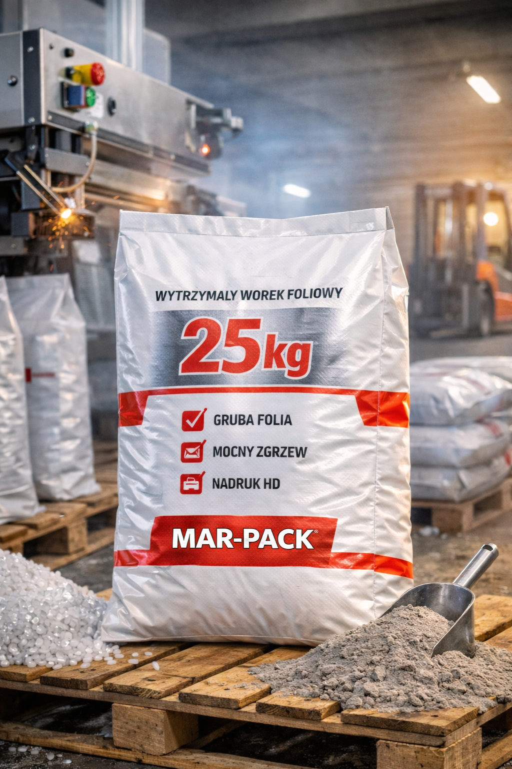 Na grafice przedstawiono wytrzymały worek foliowy o nośności 25 kg z nadrukiem, umieszczony w przemysłowym środowisku produkcyjnym. Obraz podkreśla kluczowe cechy konstrukcyjne, takie jak gruba folia, mocny zgrzew oraz trwały nadruk, eksponując jednocześnie stabilność worka na palecie. Dodatkowe zbliżenia detali pokazują strukturę materiału i jakość wykonania, akcentując solidność opakowania przeznaczonego do zastosowań przemysłowych.