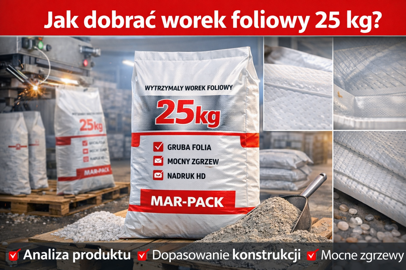 Grafika prezentuje worek foliowy 25 kg z nadrukiem w trakcie zastosowania w środowisku przemysłowym, na tle linii pakującej i palet z gotowym towarem. Centralnie wyeksponowany produkt podkreśla jego wytrzymałość konstrukcyjną oraz profesjonalny charakter nadruku. Ujęcia detali materiału i zgrzewów pokazują techniczne aspekty opakowania, akcentując jego trwałość i bezpieczeństwo transportowe.