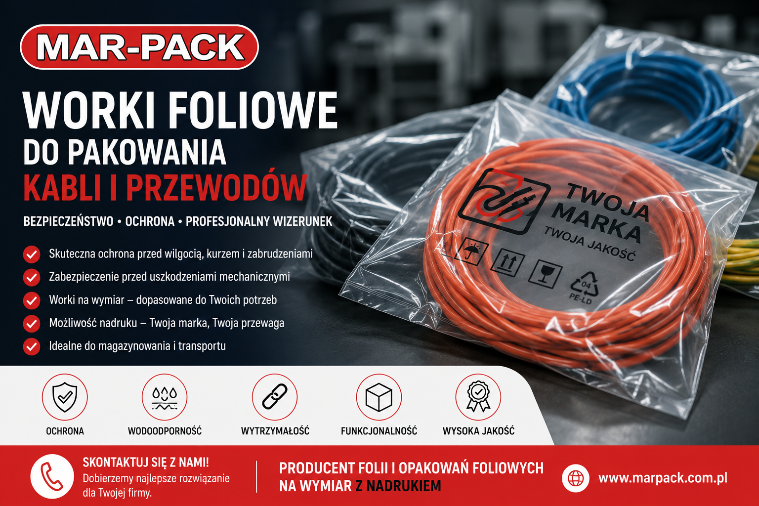 Profesjonalne worki foliowe do pakowania kabli i przewodów skutecznie chronią produkty przed wilgocią, kurzem, zabrudzeniami oraz uszkodzeniami mechanicznymi podczas magazynowania i transportu, jednocześnie ułatwiając ich bezpieczne przechowywanie i identyfikację. W artykule wyjaśniamy, jak dobrać odpowiednie opakowania foliowe do różnych rodzajów kabli i przewodów oraz jakie korzyści przynoszą worki produkowane na wymiar z możliwością wykonania nadruku. Dowiesz się również, dlaczego MAR-PACK, jako producent folii i opakowań foliowych, oferuje rozwiązania idealnie dopasowane do potrzeb branży elektrycznej, energetycznej, telekomunikacyjnej i przemysłowej.
