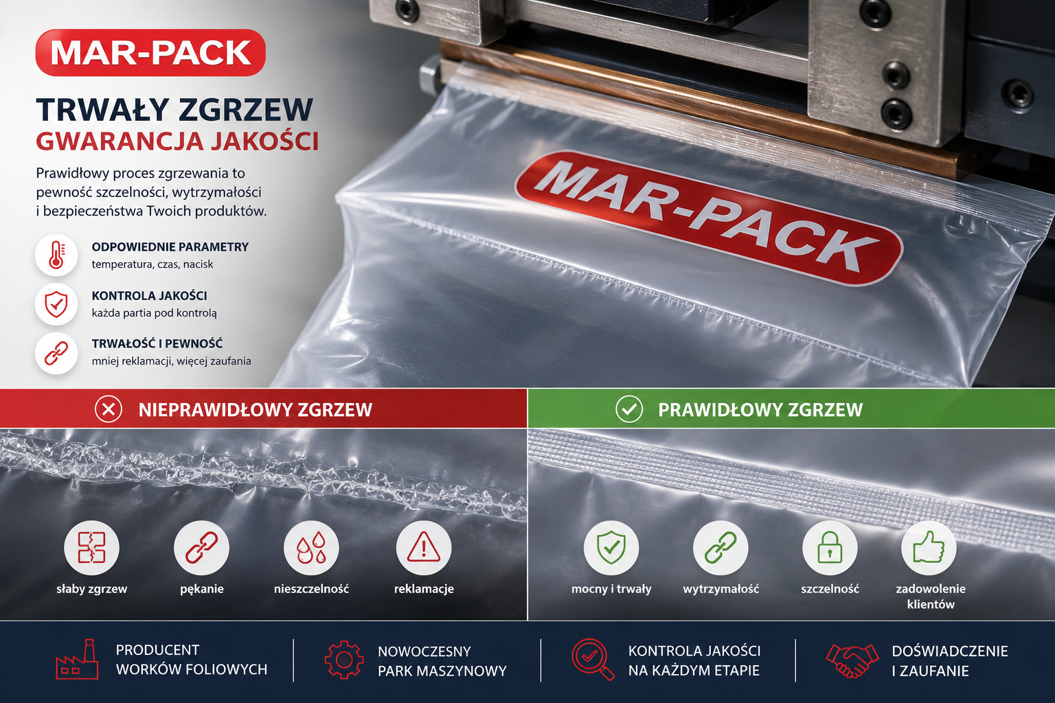 Prawidłowo wykonany zgrzew decyduje o szczelności, wytrzymałości i bezpieczeństwie worków foliowych podczas pakowania, transportu oraz magazynowania. W MAR-PACK jako producent kontrolujemy parametry zgrzewania, jakość folii i powtarzalność każdej partii produkcyjnej. Dzięki temu nasze worki foliowe są trwałe, solidne i ograniczają ryzyko reklamacji.