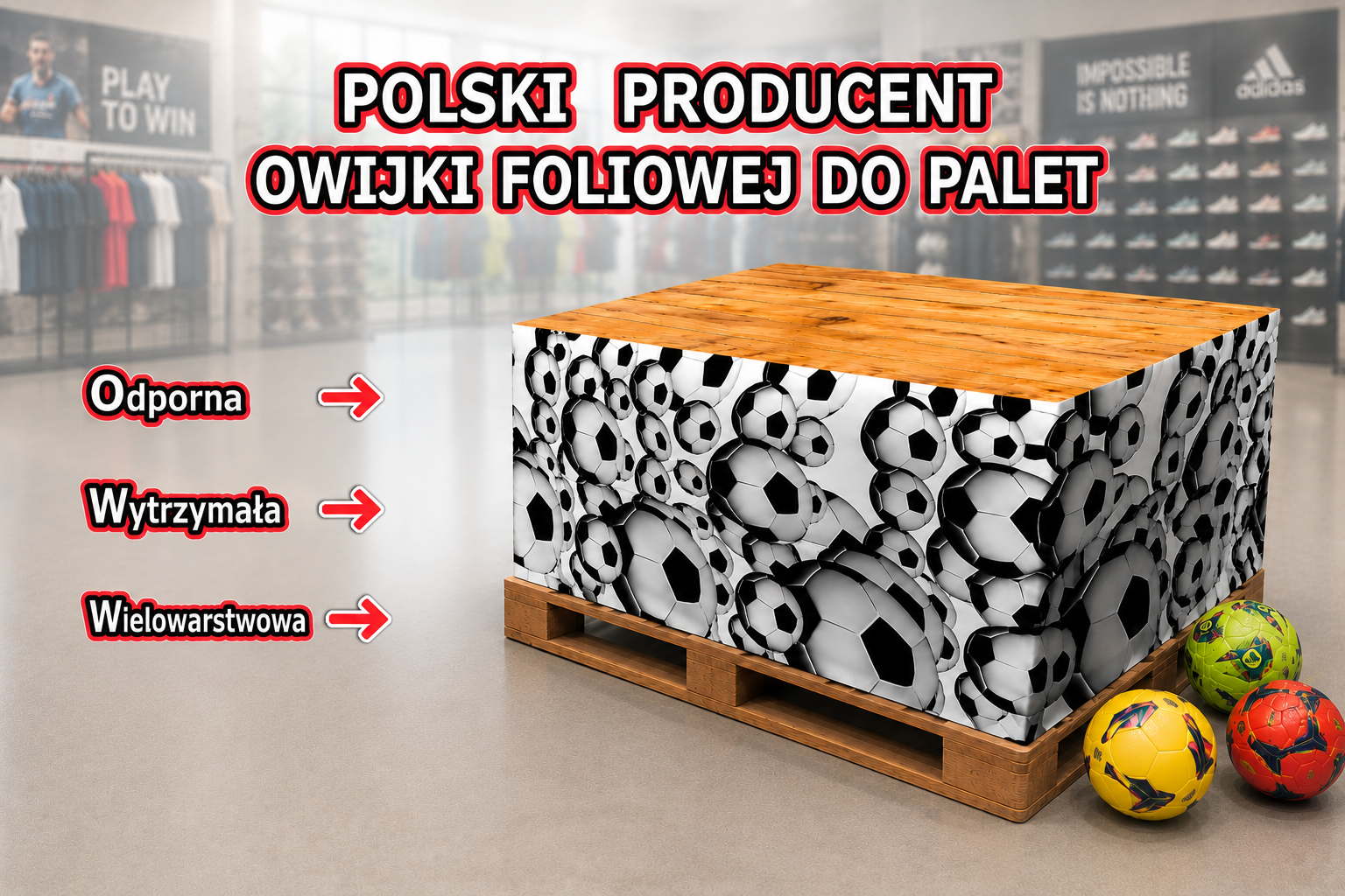 Owijka z folii Multifol we wzór piłki nożnej to nowoczesne rozwiązanie reklamowe idealne na wysepki sklepowe, stadiony oraz wydarzenia sportowe. Dzięki wysokiej odporności na uszkodzenia mechaniczne oraz trwałemu nadrukowi doskonale sprawdza się podczas intensywnego użytkowania w przestrzeniach handlowych i eventowych. MAR-PACK oferuje profesjonalne owijki reklamowe w rolkach 50 m i 100 m, które skutecznie wspierają marketing sportowy i przyciągają uwagę klientów.