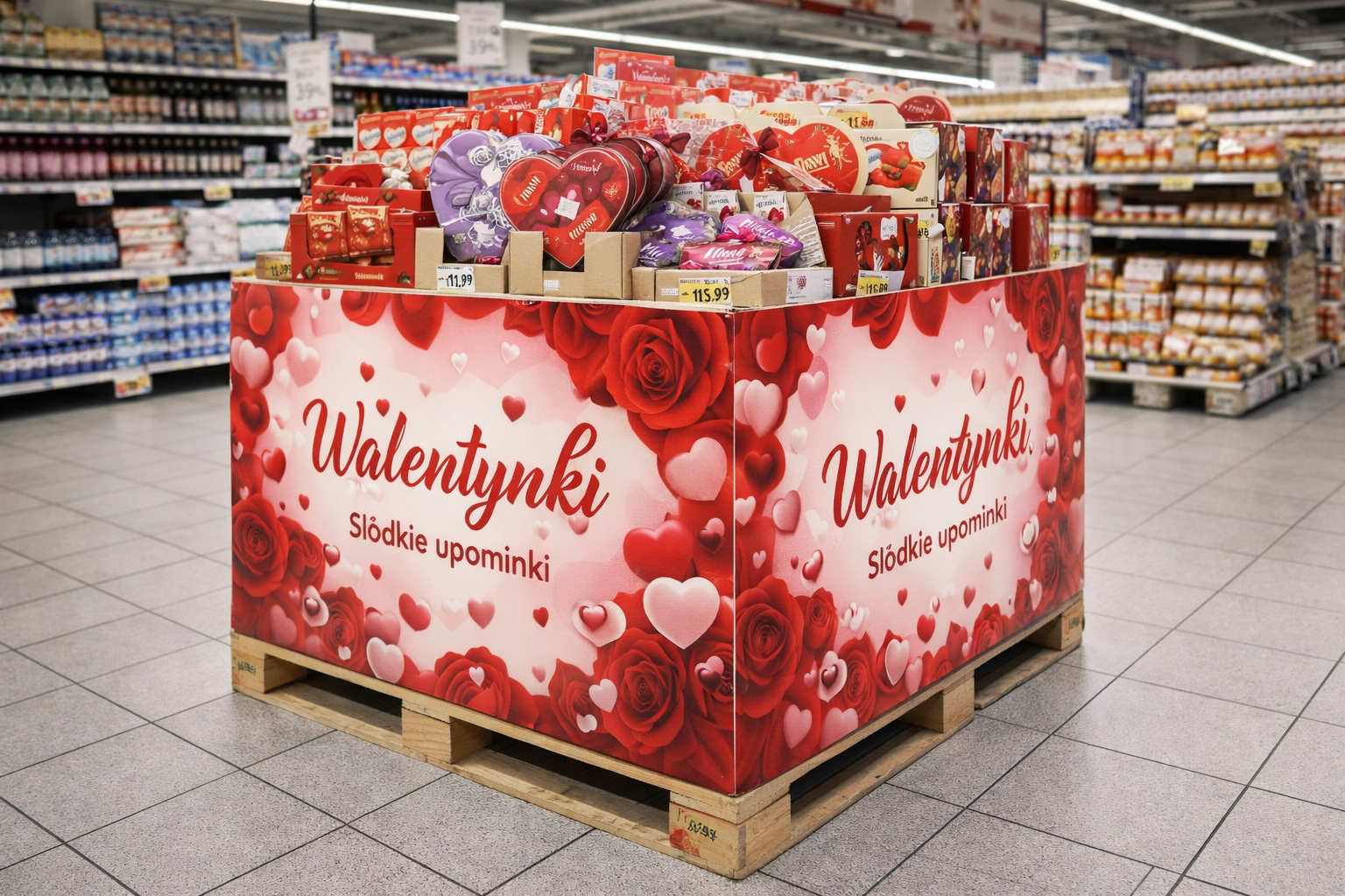 Wysepki promocyjne w sklepach z wykorzystaniem owijek paletowych z nadrukiem reklamowym to skuteczny sposób na zwiększenie widoczności produktów w miejscu sprzedaży. Tego typu ekspozycja paletowa w sklepie pozwala stworzyć atrakcyjną strefę sezonową, np. na Walentynki, Dzień Matki czy świąteczne promocje, przyciągając uwagę klientów już z dużej odległości. Dzięki owijkom reklamowym na palety i opakowaniom foliowym z nadrukiem producenci mogą zamienić zwykłą paletę transportową w estetyczną i skuteczną reklamę produktu w sklepie.