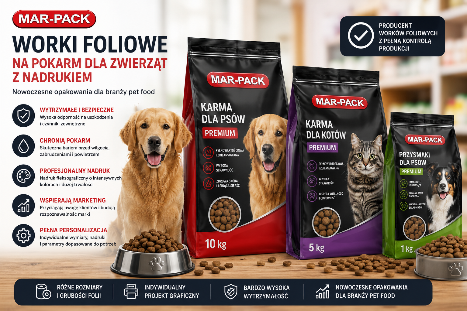 Nowoczesne worki foliowe na pokarm dla zwierząt z nadrukiem MAR-PACK to połączenie wysokiej wytrzymałości, profesjonalnego nadruku fleksograficznego oraz estetycznego wyglądu opakowania. Dzięki pełnej personalizacji produkcji tworzymy opakowania dla branży pet food, które skutecznie przyciągają uwagę klientów i wspierają sprzedaż produktów zoologicznych. Jako producent worków foliowych oferujemy trwałe i nowoczesne rozwiązania dopasowane do indywidualnych potrzeb producentów karm dla psów i kotów.