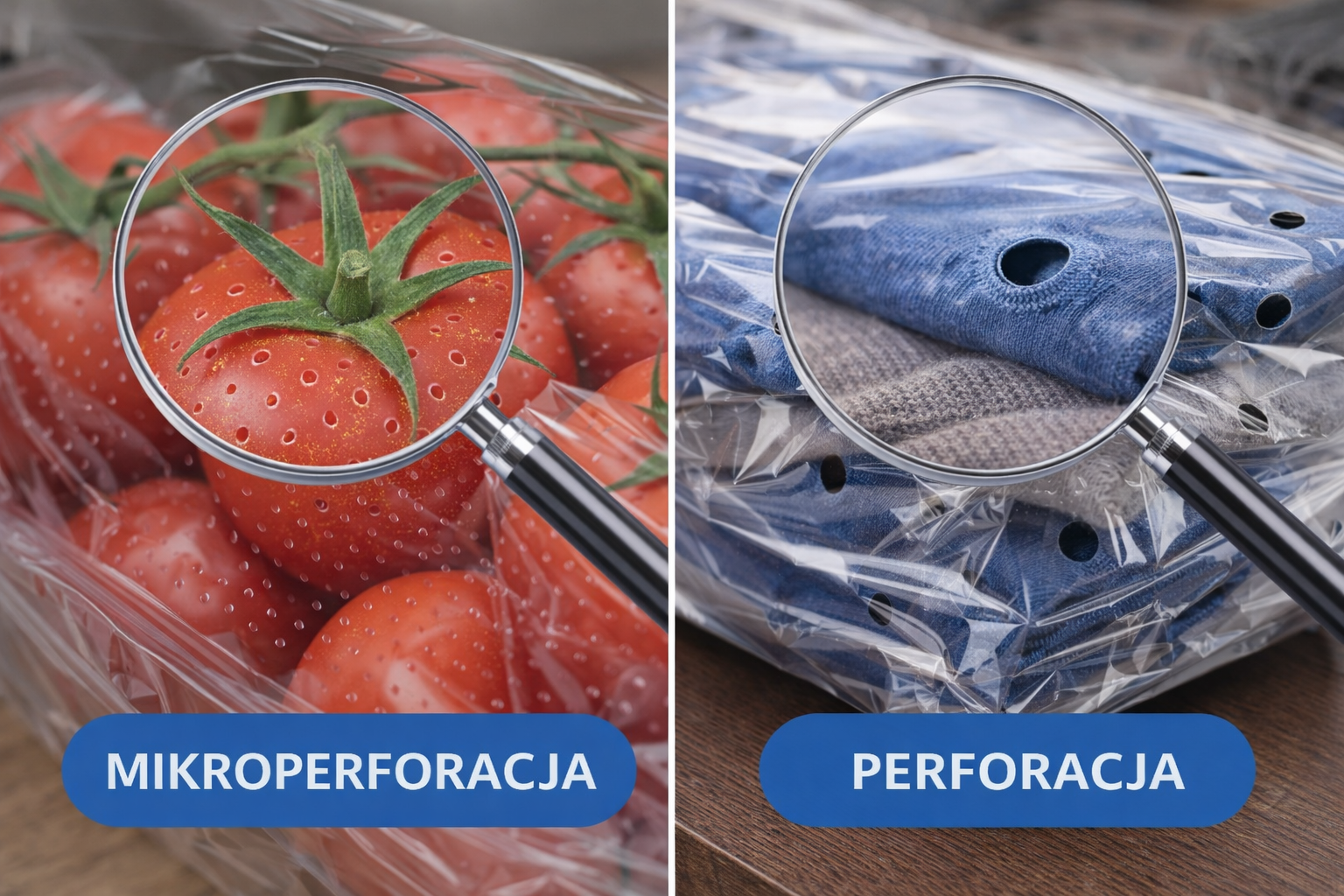 Porównanie mikroperforacji i perforacji folii w opakowaniach. Mikroperforacja to drobne otwory zapewniające kontrolowaną wentylację produktów, takich jak warzywa i owoce. Perforacja to większe otwory wentylacyjne stosowane m.in. w opakowaniach na odzież i tekstylia.