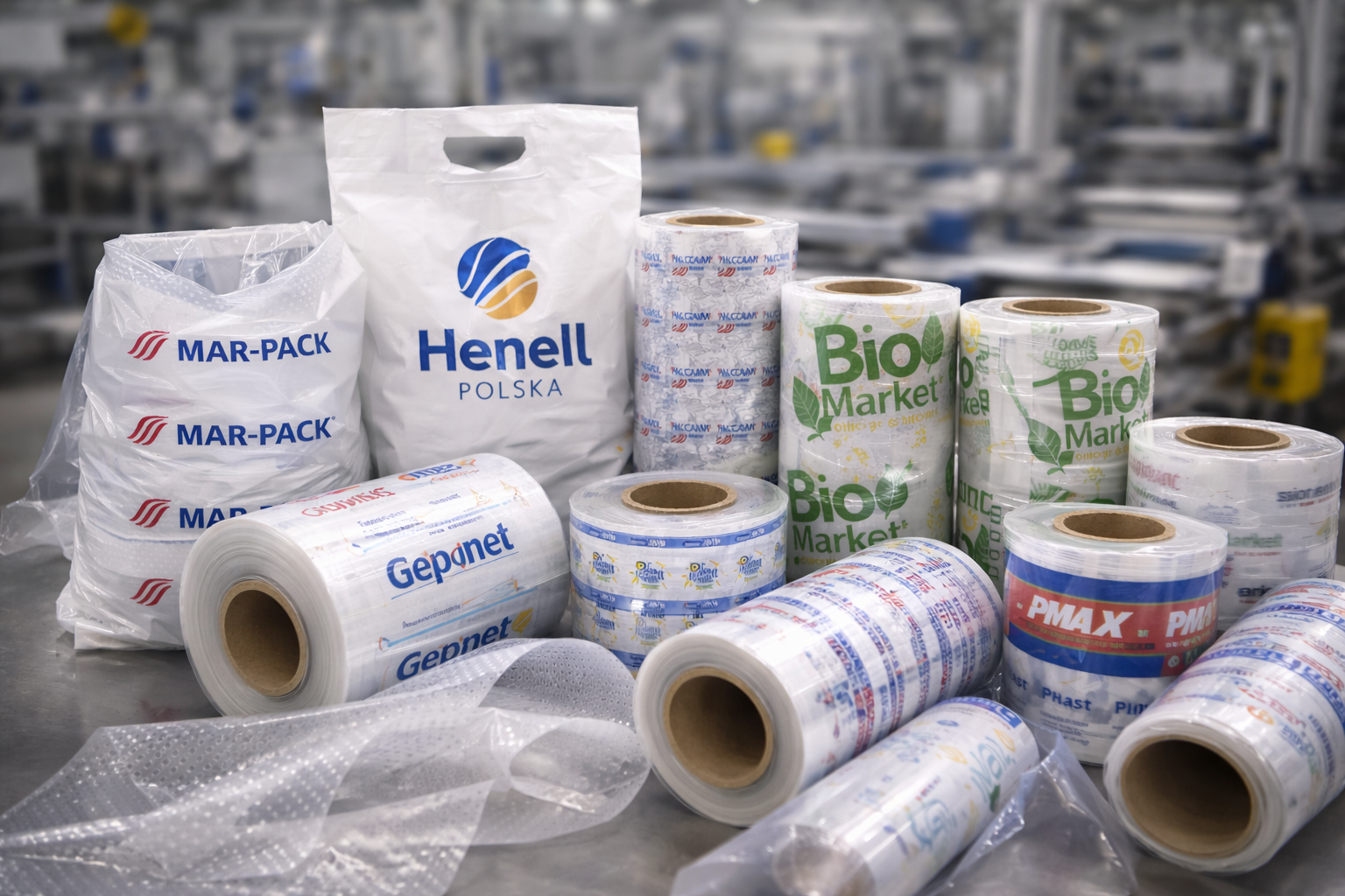 Na pierwszym planie widoczne są folie opakowaniowe z nadrukiem oraz worki foliowe, ułożone na stole roboczym w hali produkcyjnej. W tle znajduje się prawdziwa maszyna produkcyjna, lekko zamglona, co podkreśla przemysłowy charakter i realne warunki produkcji. Zdjęcie pokazuje gotowe wyroby bezpośrednio z procesu produkcyjnego, akcentując powtarzalność nadruku, jakość wykonania oraz profesjonalne zaplecze technologiczne MAR-PACK.