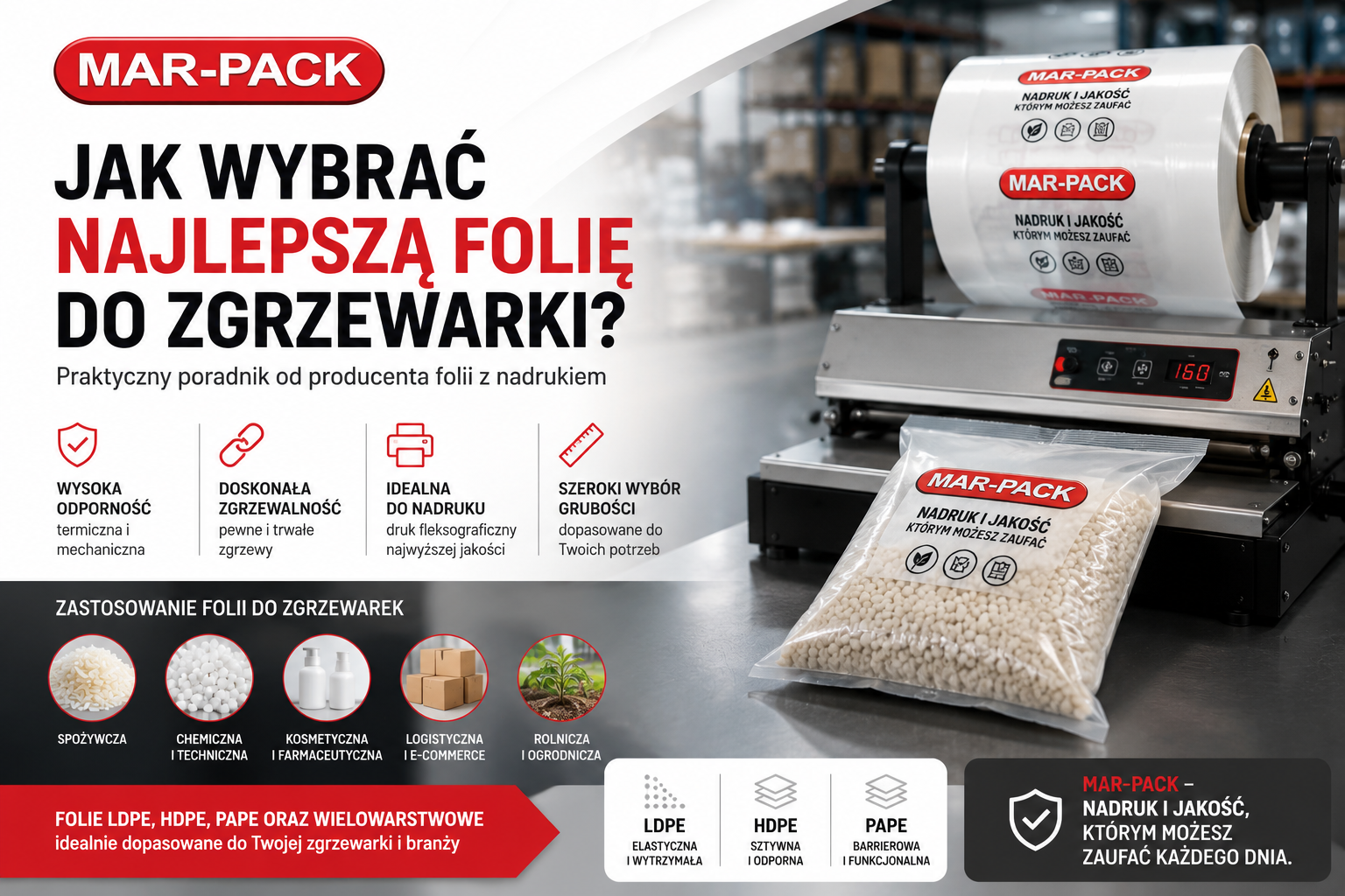 Folia do zgrzewarki to podstawa bezpiecznego i estetycznego pakowania produktów w wielu branżach. W MAR-PACK produkujemy wysokiej jakości folie LDPE, HDPE, PAPE oraz folie wielowarstwowe, które zapewniają trwały zgrzew, wysoką odporność i doskonałe właściwości użytkowe. Jako doświadczony producent folii do zgrzewarek i worków foliowych z nadrukiem pomagamy klientom dobrać najlepsze rozwiązania do pakowania żywności, granulatu, nawozów, pelletu oraz produktów przemysłowych.