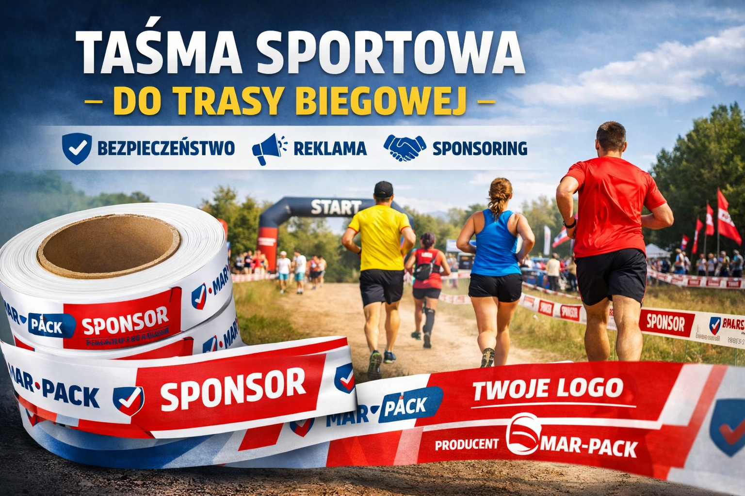 Taśma sportowa do wyznaczania trasy biegowej z nadrukiem to skuteczne rozwiązanie dla organizatorów wydarzeń sportowych, które łączy bezpieczeństwo, widoczność i promocję marki. Dzięki personalizacji taśmy eventowej z logo sponsorów zwiększasz rozpoznawalność firmy i budujesz profesjonalny wizerunek imprezy. Wybierz producenta taśmy reklamowej MAR-PACK i postaw na sprawdzone rozwiązania dla biegów, maratonów i eventów plenerowych.