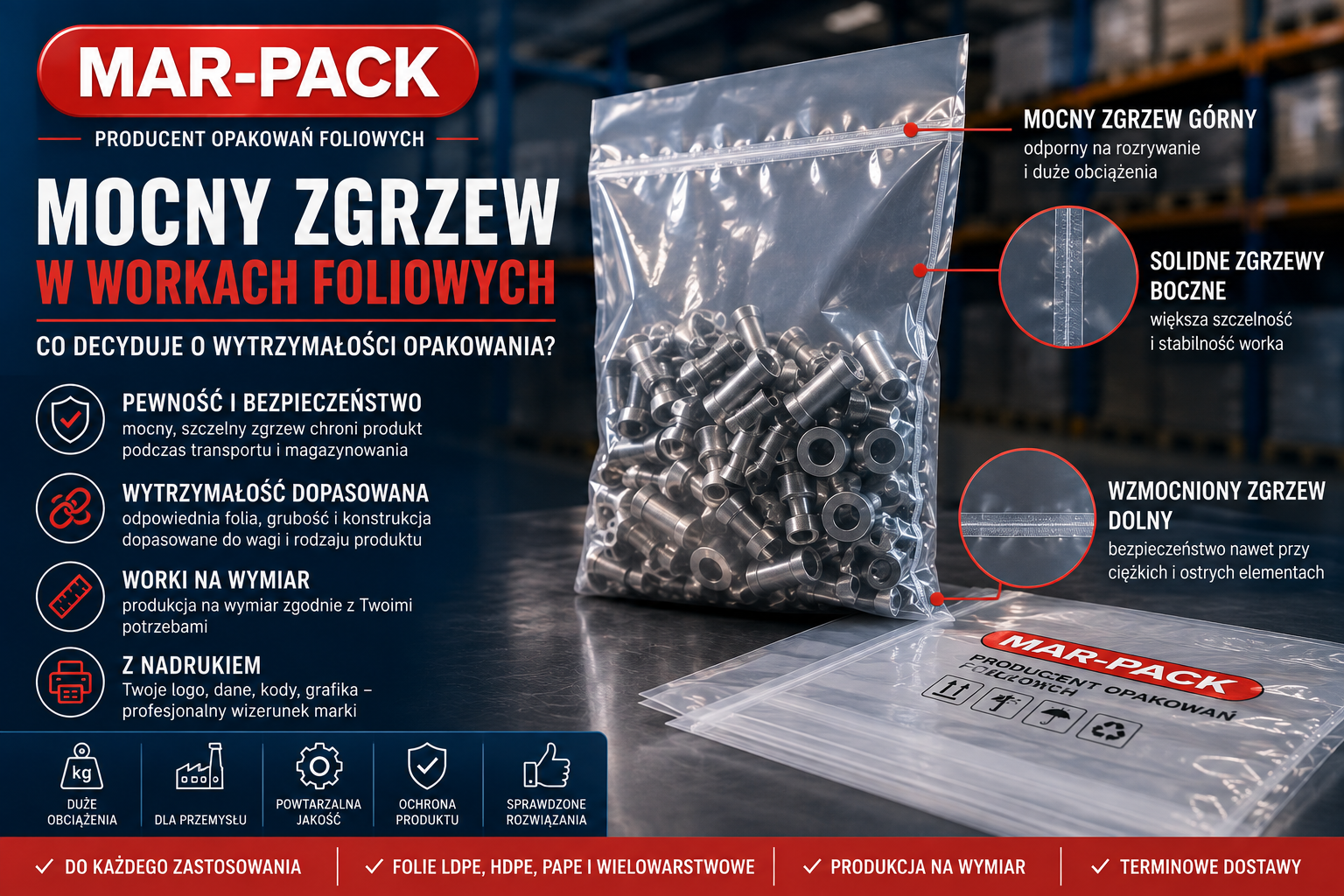 Wytrzymały worek foliowy z mocnym zgrzewem zapewnia skuteczną ochronę ciężkich elementów metalowych podczas magazynowania i transportu. Odpowiednio dobrana folia oraz solidne zgrzewy zwiększają odporność opakowania na obciążenia, rozciąganie i uszkodzenia. **MAR-PACK** jako **PRODUCENT** wykonuje worki foliowe na wymiar, dostosowane do rodzaju, wielkości i ciężaru pakowanego produktu.