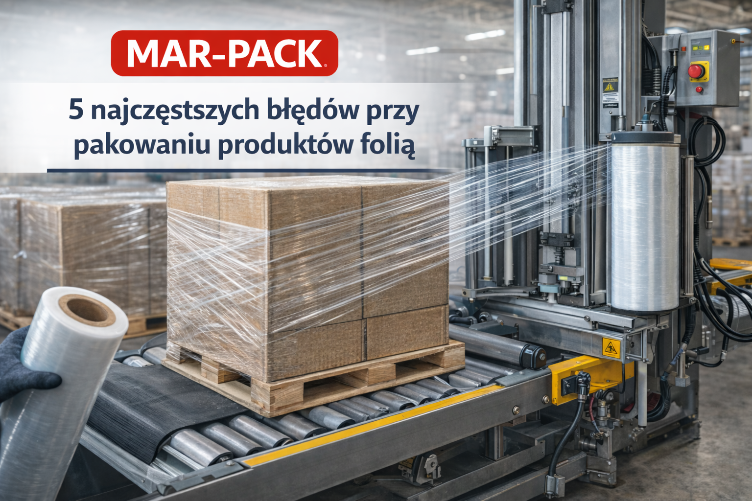 Zdjęcie przedstawia automatyczny proces owijania palety folią stretch na linii pakującej w środowisku przemysłowym. Widoczna maszyna pakująca precyzyjnie napina folię, zapewniając stabilizację ładunku i bezpieczeństwo transportu. Obraz podkreśla znaczenie odpowiedniego doboru folii oraz prawidłowych ustawień technicznych w procesie pakowania.