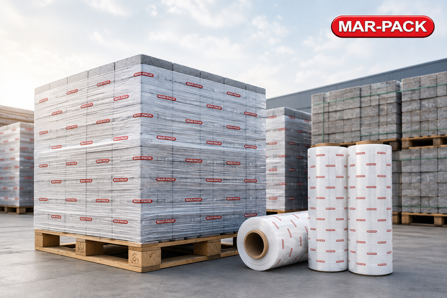 Folia stretch z nadrukiem MAR-PACK łączy skuteczne zabezpieczenie palet z profesjonalną prezentacją marki podczas magazynowania i transportu. Indywidualny nadruk z logo sprawia, że każda zabezpieczona paleta staje się jednocześnie czytelnym nośnikiem identyfikacji firmy. **MAR-PACK** jako **PRODUCENT** dopasowuje folię, nawój oraz nadruk do potrzeb i procesu pakowania klienta.
