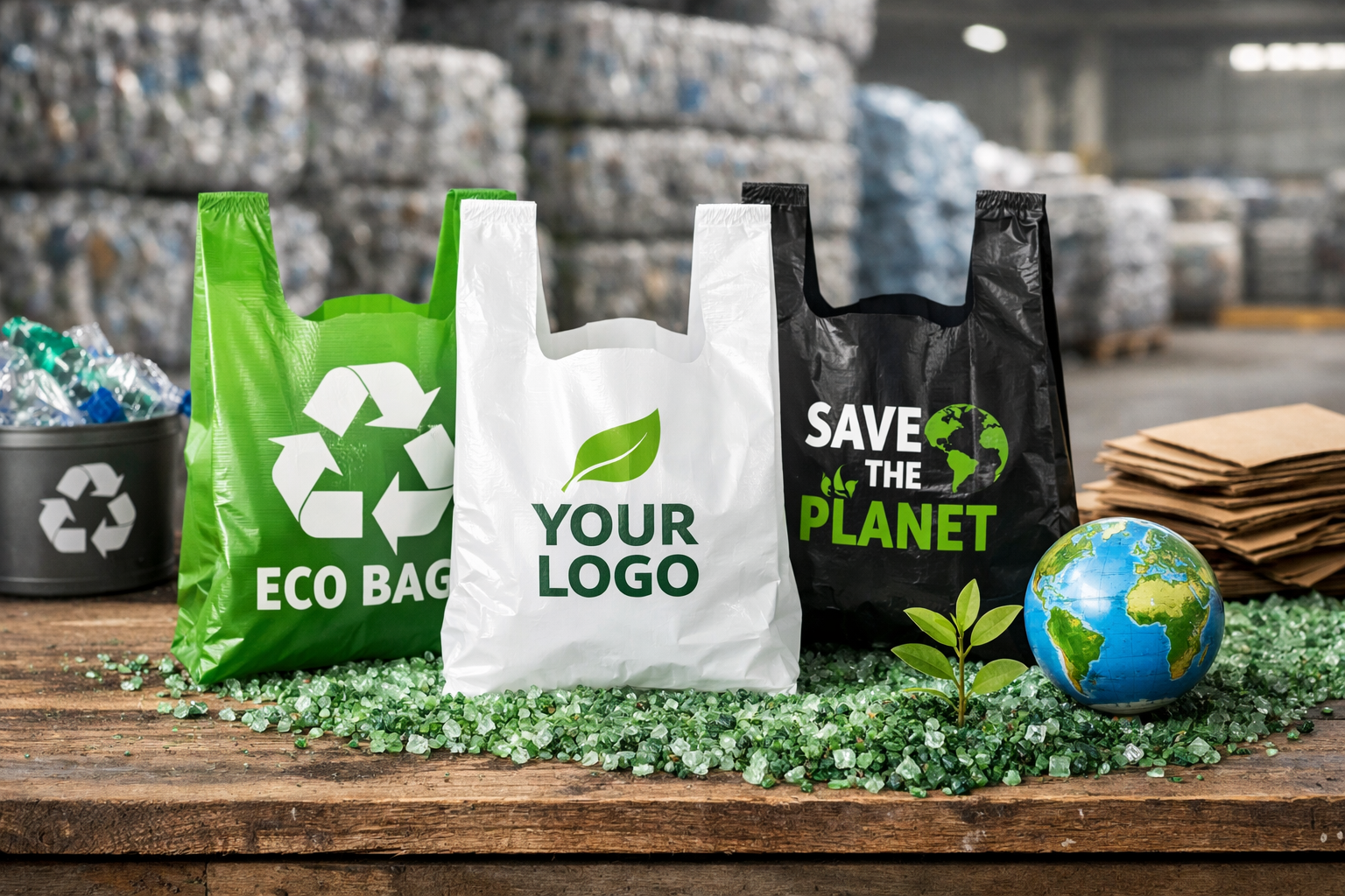 Reklamówki foliowe z recyklingu z nadrukiem to ekologiczne opakowania, które łączą funkcjonalność z nowoczesnym marketingiem. Na zdjęciu widoczne są torby foliowe wykonane z surowców wtórnych, stanowiące idealne rozwiązanie dla firm stawiających na ekologię i branding. To przykład, jak reklamówki ekologiczne mogą jednocześnie chronić środowisko i skutecznie promować markę.