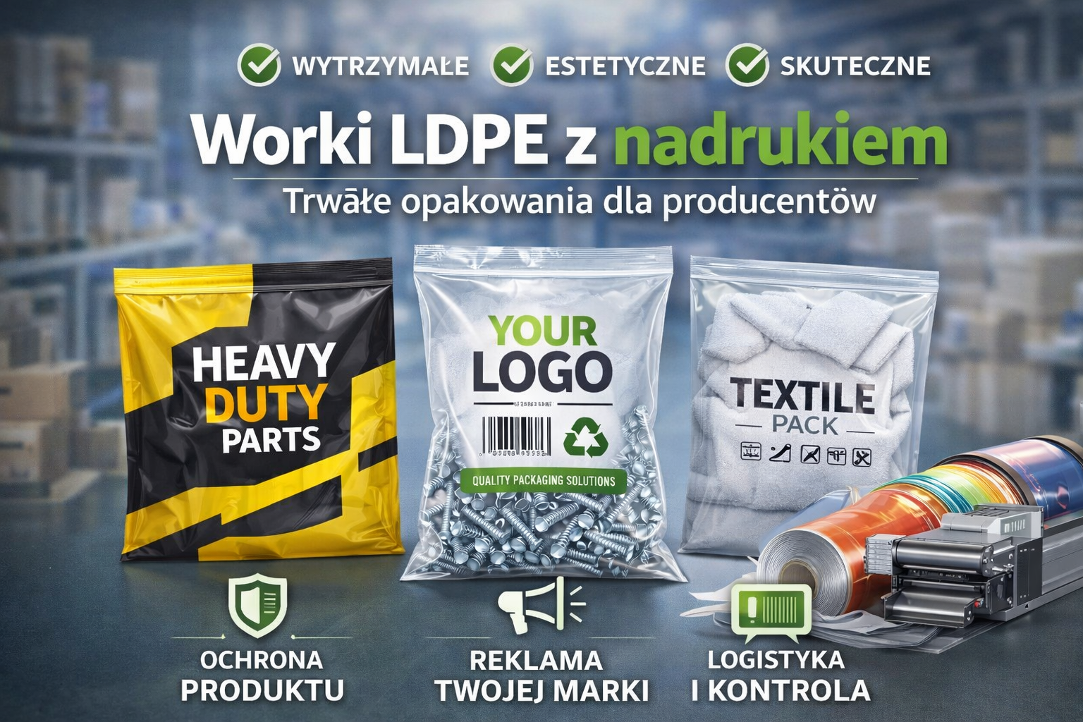 Grafika przedstawia przykłady worków LDPE z nadrukiem dopasowanych do różnych branż – przemysłowej, technicznej i tekstylnej. Widoczna personalizacja nadruku podkreśla możliwość umieszczenia logo, oznaczeń technicznych oraz elementów identyfikacji wizualnej marki. Całość obrazuje trwałość, estetykę oraz marketingowy potencjał opakowań foliowych produkowanych przez MAR-PACK.