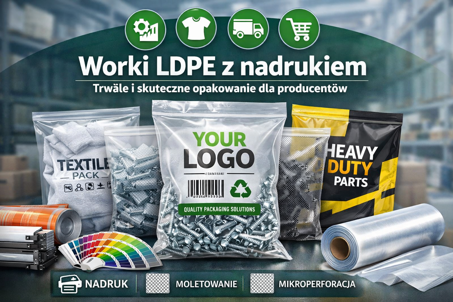 Na grafice zaprezentowano worki LDPE z nadrukiem jako funkcjonalne i estetyczne rozwiązanie dla producentów z różnych branż. Wyraźnie widoczny nadruk podkreśla możliwości personalizacji oraz profesjonalny charakter opakowania. Obraz akcentuje połączenie trwałości folii LDPE z marketingową rolą opakowania w budowaniu marki.