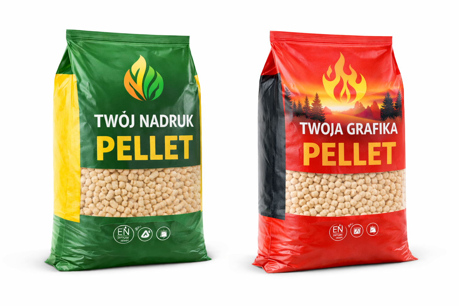 Nowoczesne worki na pellet z nadrukiem to połączenie estetyki, funkcjonalności i skutecznej prezentacji marki. Na grafice pokazano dwa różne warianty opakowań, które wyróżniają się indywidualnym projektem, kolorystyką oraz czytelnym przekazem sprzedażowym. Takie opakowania do pelletu pomagają budować profesjonalny wizerunek produktu i zwiększają jego atrakcyjność w oczach klienta.