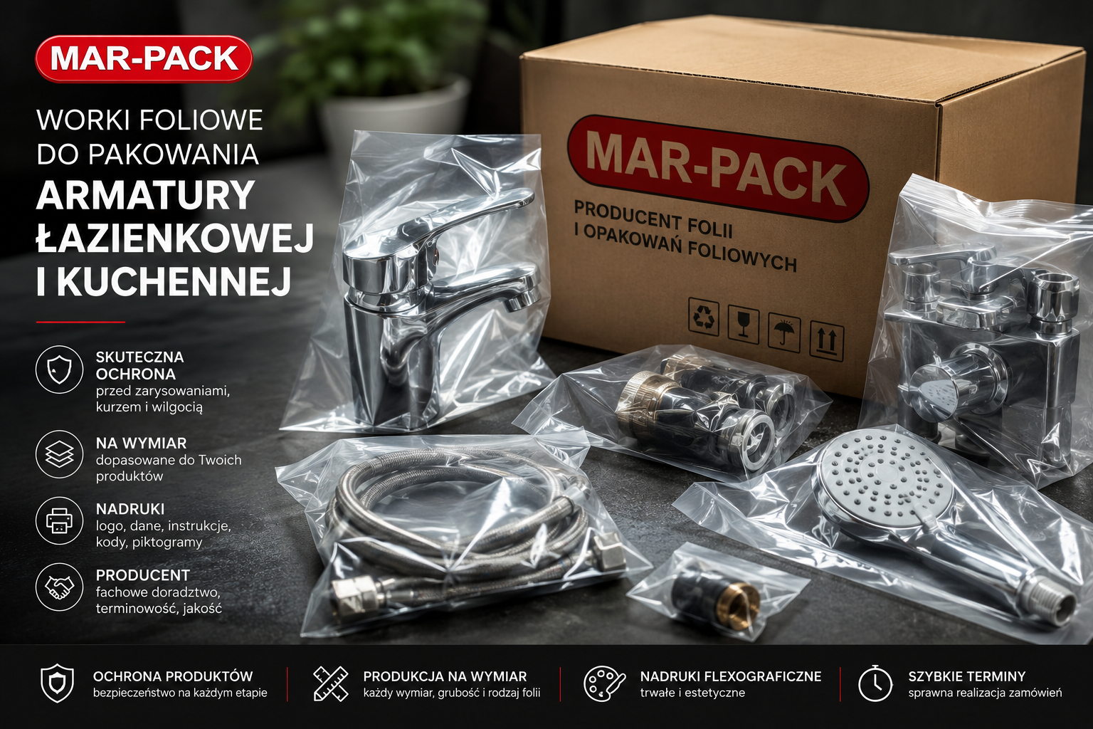 Profesjonalne worki foliowe skutecznie chronią armaturę łazienkową i kuchenną przed zarysowaniami, wilgocią, kurzem oraz uszkodzeniami podczas magazynowania i transportu. MAR-PACK, jako Producent folii i opakowań foliowych, wykonuje opakowania na indywidualny wymiar z możliwością trwałego nadruku logo, grafiki oraz informacji technicznych. Oferujemy kompleksowe rozwiązania – od projektu graficznego i produkcji opakowań po profesjonalne doradztwo, zapewniając bezpieczeństwo produktów i skuteczną promocję marki.