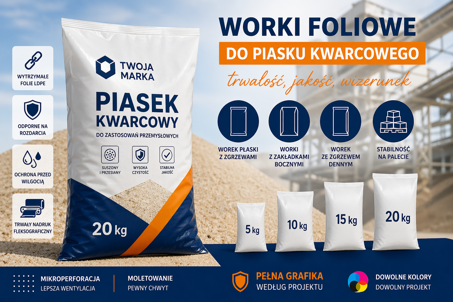 Worki foliowe do piasku kwarcowego z nadrukiem to rozwiązanie, które łączy trwałość opakowania z estetyczną prezentacją produktu. Dzięki odpowiednio dobranej folii, solidnym zgrzewom i wyraźnej grafice worek skutecznie chroni zawartość podczas transportu, magazynowania i sprzedaży. To praktyczne narzędzie logistyczne i jednocześnie skuteczny nośnik reklamowy, który wzmacnia rozpoznawalność marki.