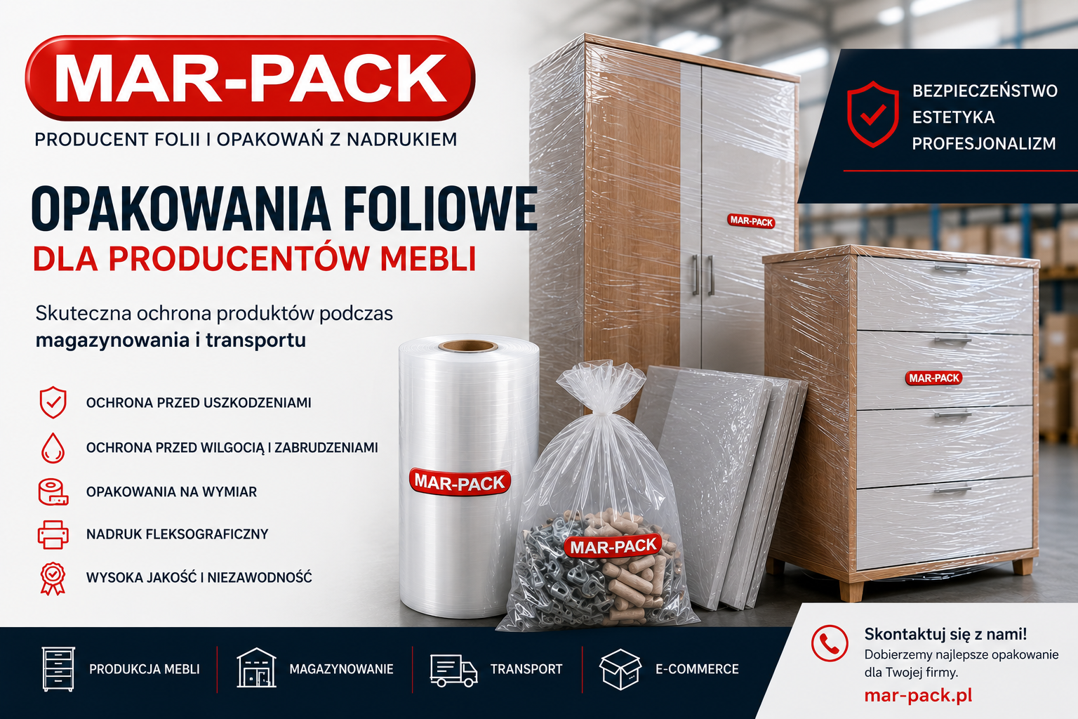 opakowania foliowe MAR-PACK dla producentów mebli, które skutecznie chronią produkty podczas magazynowania i transportu. Widoczne folie, worki i zabezpieczone meble podkreślają ochronę przed uszkodzeniami, wilgocią i zabrudzeniami. Całość pokazuje profesjonalne rozwiązania opakowaniowe na wymiar dla branży meblarskiej.