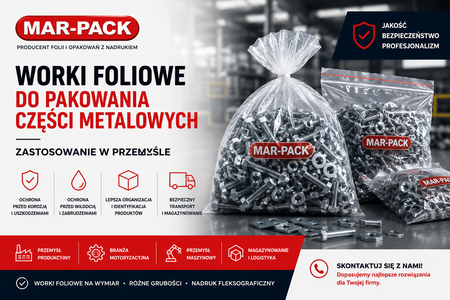 Worki foliowe do pakowania części metalowych odgrywają kluczową rolę w nowoczesnym przemyśle, zapewniając skuteczną ochronę komponentów przed wilgocią, zabrudzeniami oraz uszkodzeniami mechanicznymi podczas magazynowania i transportu. Dzięki możliwości wykonania opakowań na wymiar oraz zastosowania nadruku fleksograficznego przedsiębiorstwa mogą usprawnić identyfikację produktów, poprawić organizację procesów logistycznych i zwiększyć efektywność pracy. W artykule przedstawiamy najważniejsze zastosowania worków foliowych w różnych branżach przemysłowych oraz korzyści wynikające ze współpracy z producentem opakowań, takim jak MAR-PACK.
