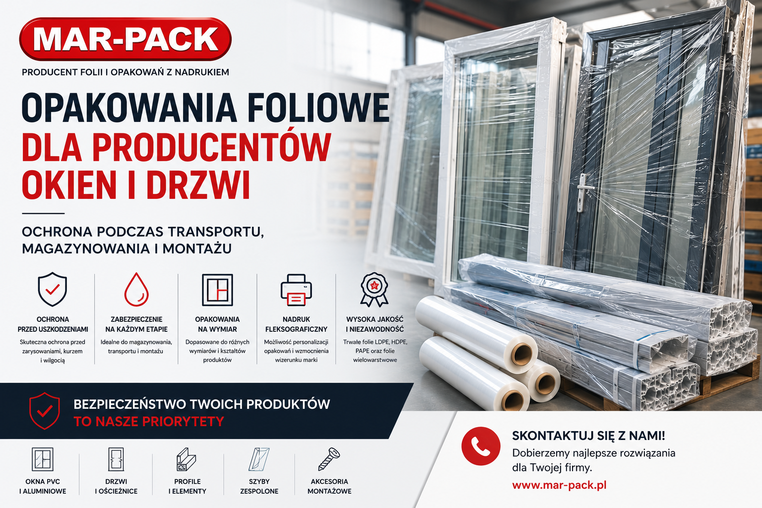 Opakowania foliowe odgrywają kluczową rolę w ochronie okien, drzwi oraz profili podczas magazynowania, transportu i montażu, minimalizując ryzyko uszkodzeń oraz zabrudzeń. W artykule przedstawiamy najskuteczniejsze rozwiązania stosowane przez producentów stolarki okiennej i drzwiowej, w tym folie LDPE, rękawy foliowe, półrękawy oraz opakowania z nadrukiem. Dowiesz się również, dlaczego indywidualnie dopasowane opakowania od MAR-PACK pomagają zwiększyć bezpieczeństwo produktów i usprawnić procesy logistyczne.
