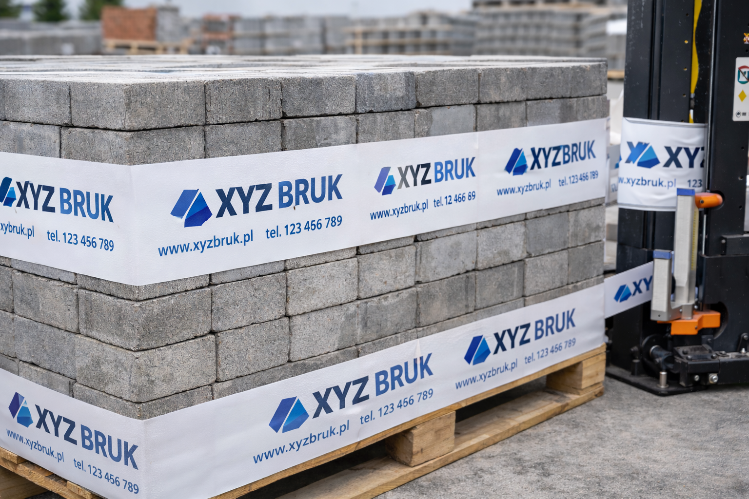 Na zdjęciu widoczna jest paleta kostki brukowej w kolorze czerwono-szarym, zabezpieczona wytrzymałą taśmą do owijania kostki brukowej z nadrukiem, która stabilizuje ciężki ładunek podczas transportu i magazynowania. Intensywna, pomarańczowa opaska foliowa z logo producenta zwiększa rozpoznawalność marki oraz pełni funkcję identyfikacyjną w składzie budowlanym. Całość prezentuje profesjonalne zabezpieczenie palet z kostką brukową, realizowane przy użyciu automatycznej owijarki i trwałej taśmy spinającej o szerokości 15 cm.