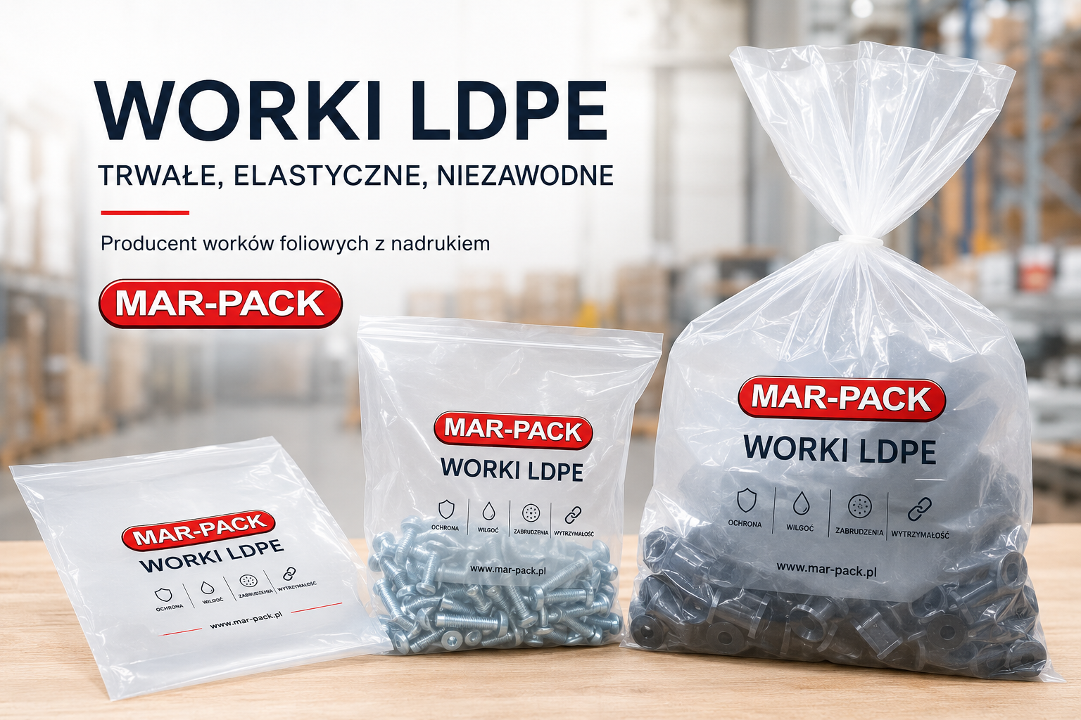 Nowoczesne worki LDPE MAR-PACK zapewniają skuteczną ochronę produktów podczas transportu, magazynowania oraz sprzedaży. Dzięki możliwości wykonania profesjonalnego nadruku worki foliowe stają się również skutecznym narzędziem marketingowym budującym rozpoznawalność marki. Jako producent worków LDPE wykonujemy opakowania dopasowane do indywidualnych potrzeb klientów – od parametrów technicznych aż po grafikę, logo i pełną personalizację nadruku.