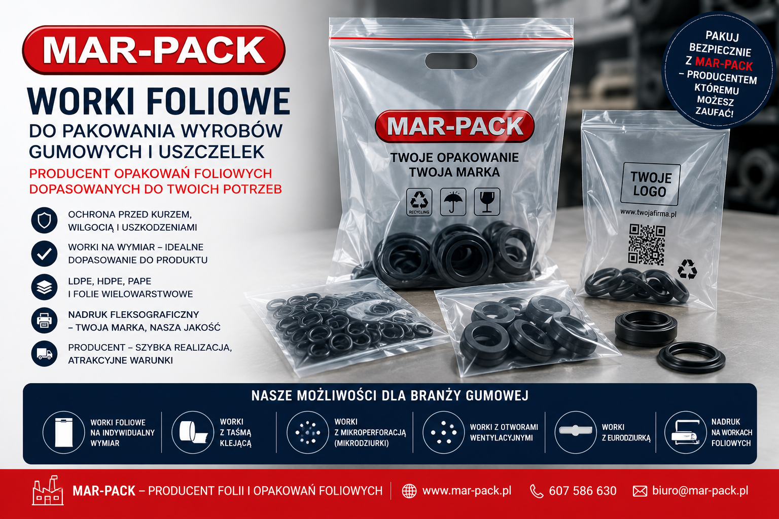 Na zdjęciu przedstawiono worki foliowe do pakowania wyrobów gumowych i uszczelek produkowane przez MAR-PACK, które zapewniają skuteczną ochronę produktów przed kurzem, wilgocią oraz uszkodzeniami mechanicznymi podczas magazynowania i transportu. Grafika prezentuje szerokie możliwości personalizacji opakowań, w tym produkcję na indywidualny wymiar, nadruk fleksograficzny, worki z taśmą klejącą, eurodziurką, otworami wentylacyjnymi oraz mikroperforacją, dopasowane do potrzeb branży gumowej. MAR-PACK, jako Producent folii i opakowań foliowych, oferuje kompleksowe rozwiązania, które łączą wysoką jakość wykonania, funkcjonalność oraz profesjonalną prezentację produktów.