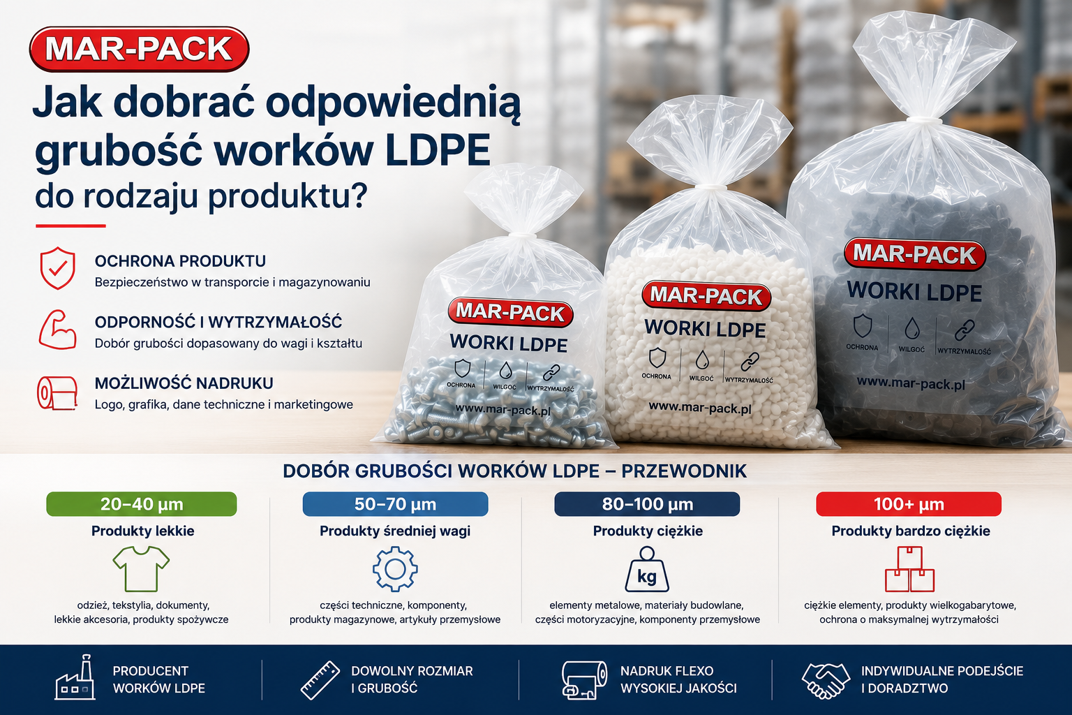 Dobór odpowiedniej grubości worków LDPE ma kluczowe znaczenie dla ochrony produktu, bezpieczeństwa transportu i trwałości opakowania. Worki MAR-PACK mogą być dopasowane do wagi, kształtu i rodzaju pakowanego towaru. Jako producent oferujemy worki LDPE z nadrukiem, indywidualnymi parametrami oraz profesjonalnym doradztwem technologicznym.