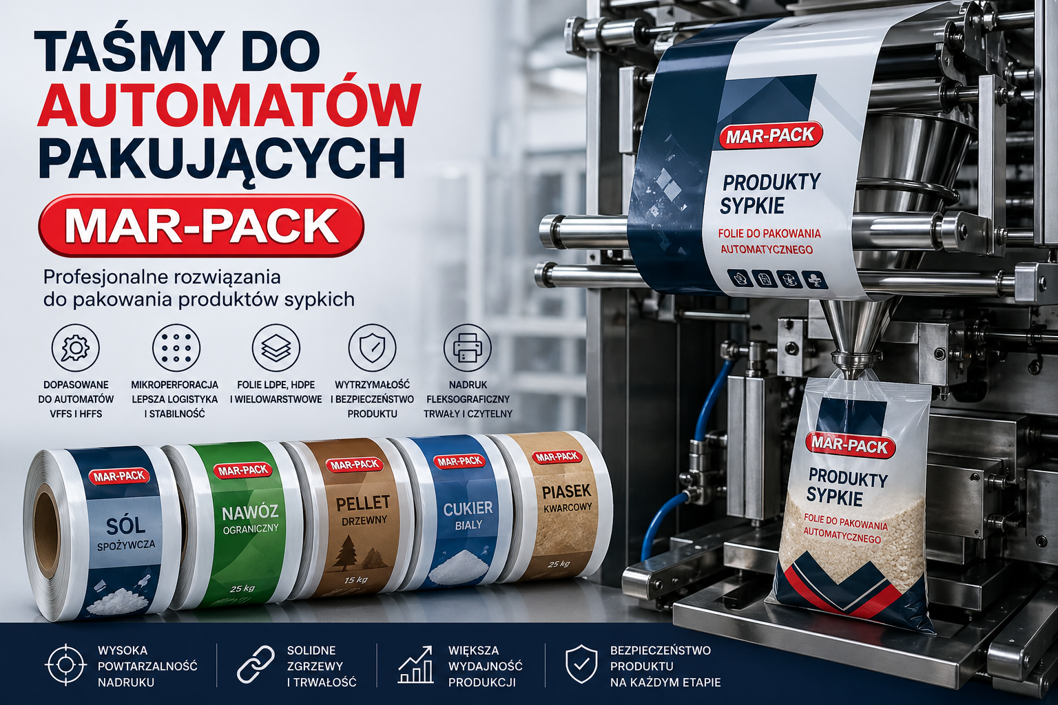 Nowoczesne taśmy do automatów pakujących MAR-PACK gwarantują precyzyjne, szybkie i bezproblemowe pakowanie produktów sypkich. Dzięki trwałemu nadrukowi fleksograficznemu oraz wysokiej jakości folii opakowanie jest nie tylko wytrzymałe, ale również skutecznie wspiera wizerunek marki. To rozwiązanie, które łączy wydajność produkcji z profesjonalnym marketingiem produktu.