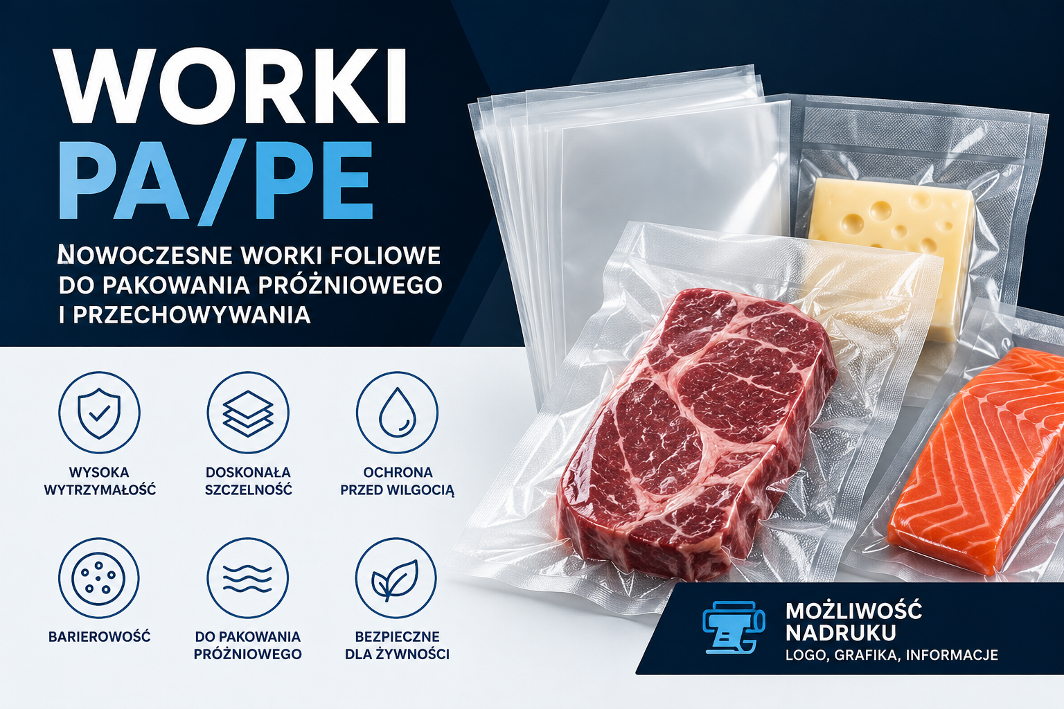 Worki PA/PE to nowoczesne opakowania foliowe przeznaczone do pakowania próżniowego i skutecznej ochrony produktów. Dzięki wysokiej szczelności, barierowości oraz odporności mechanicznej sprawdzają się w branży spożywczej i przemysłowej. Możliwość wykonania nadruku pozwala połączyć funkcję ochronną opakowania z profesjonalną prezentacją marki.
