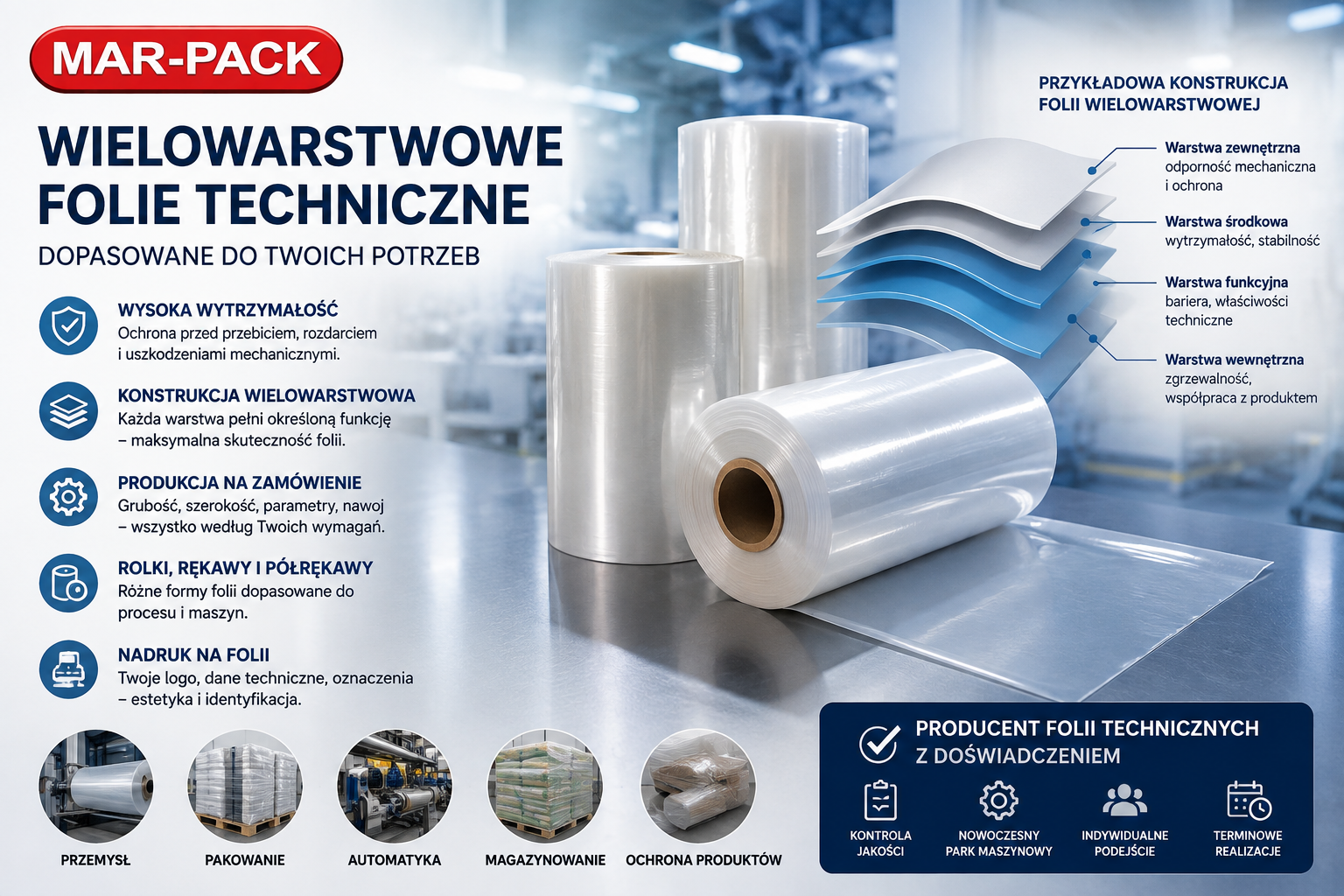 Wielowarstwowe folie techniczne łączą kilka warstw materiału w jedną konstrukcję, dzięki czemu można lepiej dopasować wytrzymałość, elastyczność, zgrzewalność i inne właściwości folii do konkretnego zastosowania przemysłowego. MAR-PACK jako PRODUCENT może przygotować folie w rolkach, rękawy i półrękawy według indywidualnych parametrów klienta, takich jak grubość, szerokość, nawój czy wymagania maszyny. Folie techniczne sprawdzają się w produkcji, pakowaniu, automatyce, magazynowaniu i zabezpieczaniu produktów, a dodatkowo mogą być wykonane z nadrukiem według projektu klienta.
