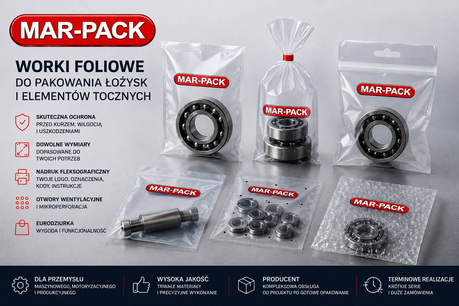 **Na zdjęciu przedstawiono różne rodzaje worków foliowych produkowanych przez *MAR-PACK*, przeznaczonych do bezpiecznego pakowania łożysk i elementów tocznych, w tym worki z eurodziurką, otworami wentylacyjnymi oraz mikroperforacją. Każde opakowanie zostało zaprojektowane z myślą o skutecznej ochronie komponentów przed kurzem, wilgocią i uszkodzeniami mechanicznymi, a jednocześnie może zostać wykonane z indywidualnym nadrukiem klienta. Jako _**Producent**_ oferujemy rozwiązania dopasowane do konkretnych wymagań przemysłu – od projektu, przez produkcję, aż po gotowe opakowanie.**