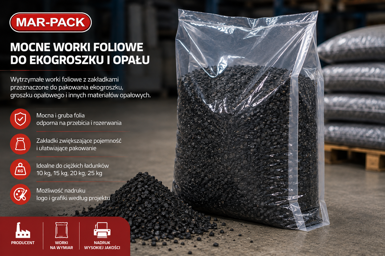 Mocne worki foliowe do pakowania ekogroszku i opałuzapewniają wytrzymałość niezbędną przy ciężkich produktach oraz podczas magazynowania, paletyzacji i transportu. **MAR-PACK** jako **PRODUCENT** wykonuje **worki foliowe z zakładkami na wymiar**, dopasowując grubość folii, konstrukcję i pojemność do ekogroszku, groszku opałowego oraz innych materiałów opałowych. Oferujemy również **worki na ekogroszek z indywidualnym nadrukiem i logo**, dzięki czemu opakowanie skutecznie zabezpiecza produkt i jednocześnie buduje rozpoznawalność marki.