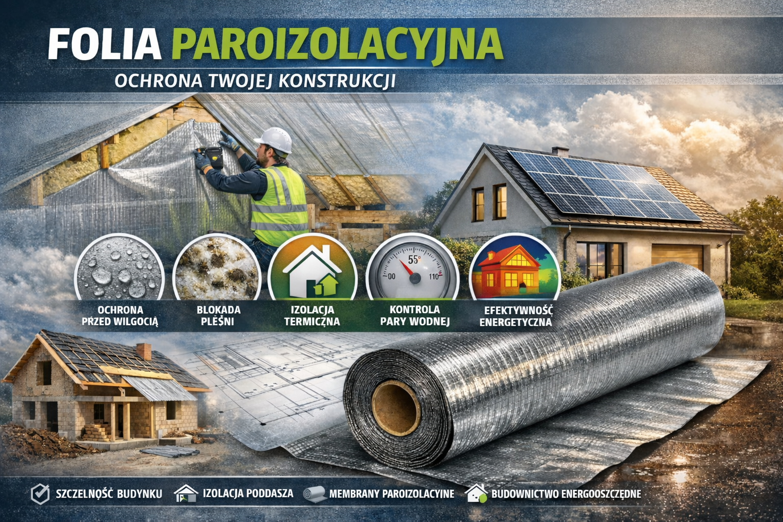 Folia paroizolacyjna to kluczowy element nowoczesnego budownictwa, który skutecznie chroni przed wilgocią i wspiera izolację termiczną. Na grafice widać zastosowanie folii budowlanej w praktyce, co podkreśla jej rolę w ochronie konstrukcji oraz poprawie efektywności energetycznej budynku. To rozwiązanie niezbędne przy izolacji poddasza, kontroli pary wodnej i zapewnieniu trwałości materiałów budowlanych.