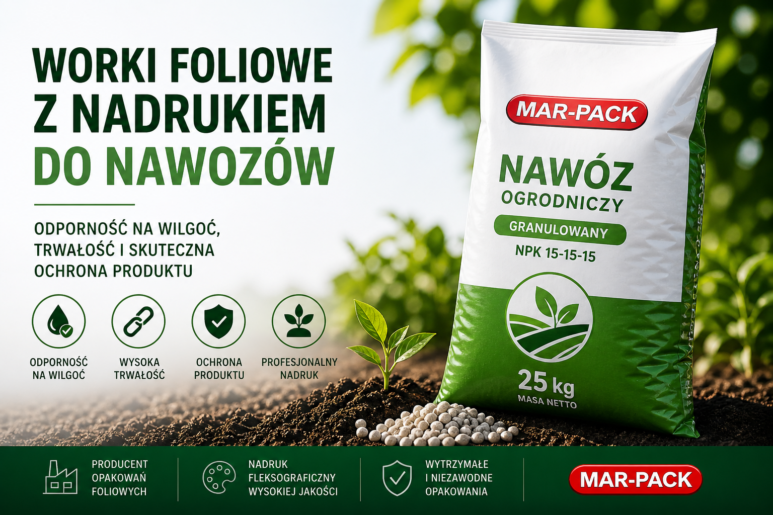 Worki foliowe z nadrukiem do nawozów to połączenie wysokiej trwałości, odporności na wilgoć oraz profesjonalnego wyglądu. Dzięki zastosowaniu nowoczesnych folii opakowanie skutecznie chroni produkt i zapewnia bezpieczny transport oraz magazynowanie. Estetyczny nadruk dodatkowo wzmacnia wizerunek marki i przyciąga uwagę klientów.