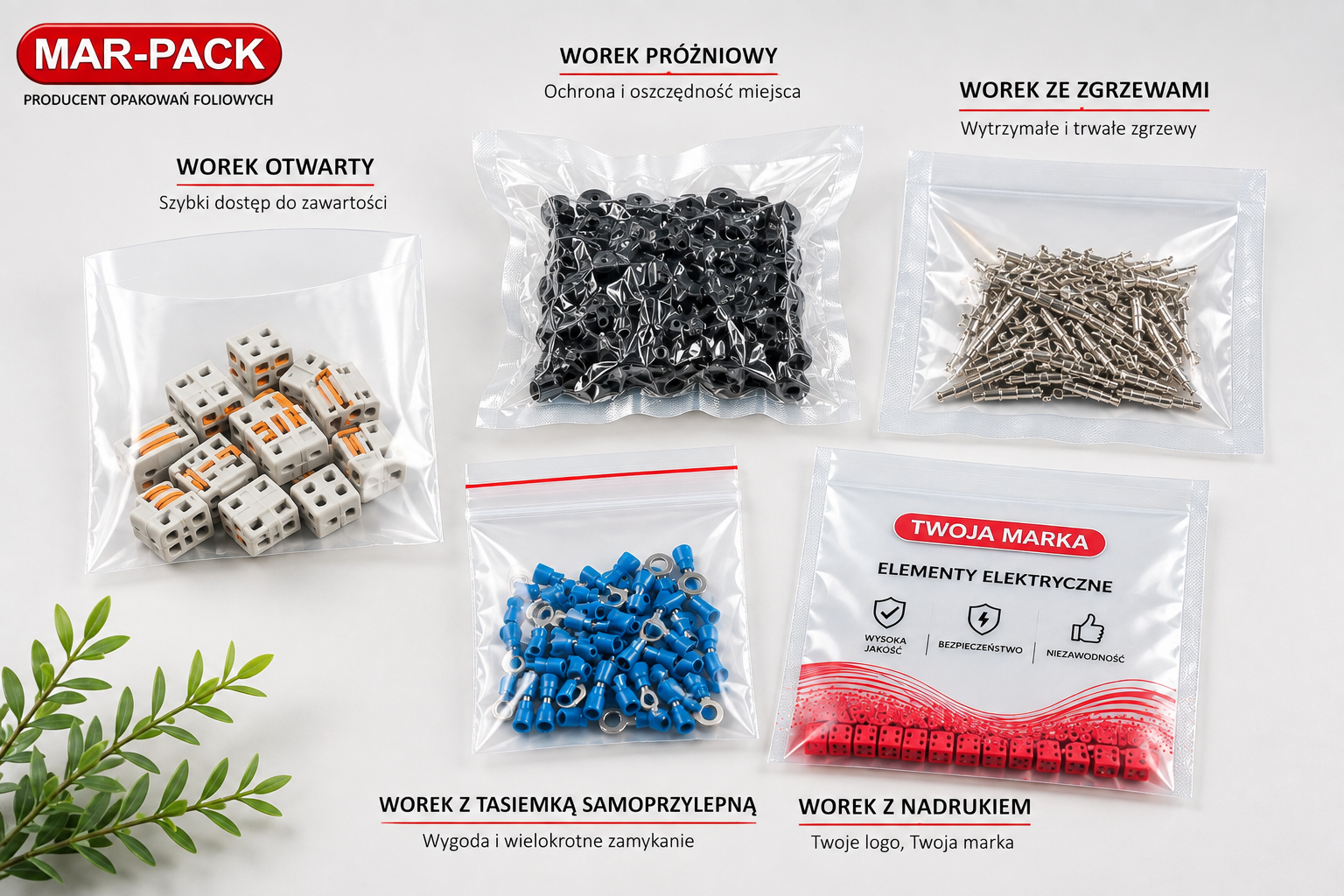 Oto krótki, profesjonalny opis pasujący do tego obrazu i bloga: **Poznaj różnorodność worków foliowych produkowanych przez **MAR-PACK** – od worków otwartych i próżniowych, przez worki z mocnymi zgrzewami, aż po modele z taśmą samoprzylepną i indywidualnym nadrukiem. Każde rozwiązanie projektujemy z myślą o konkretnym zastosowaniu, zapewniając skuteczną ochronę, wygodne pakowanie oraz estetyczną prezentację produktów. Jako **Producent** wykonujemy opakowania na wymiar, dopasowane do potrzeb klienta i specyfiki pakowanych elementów.**
