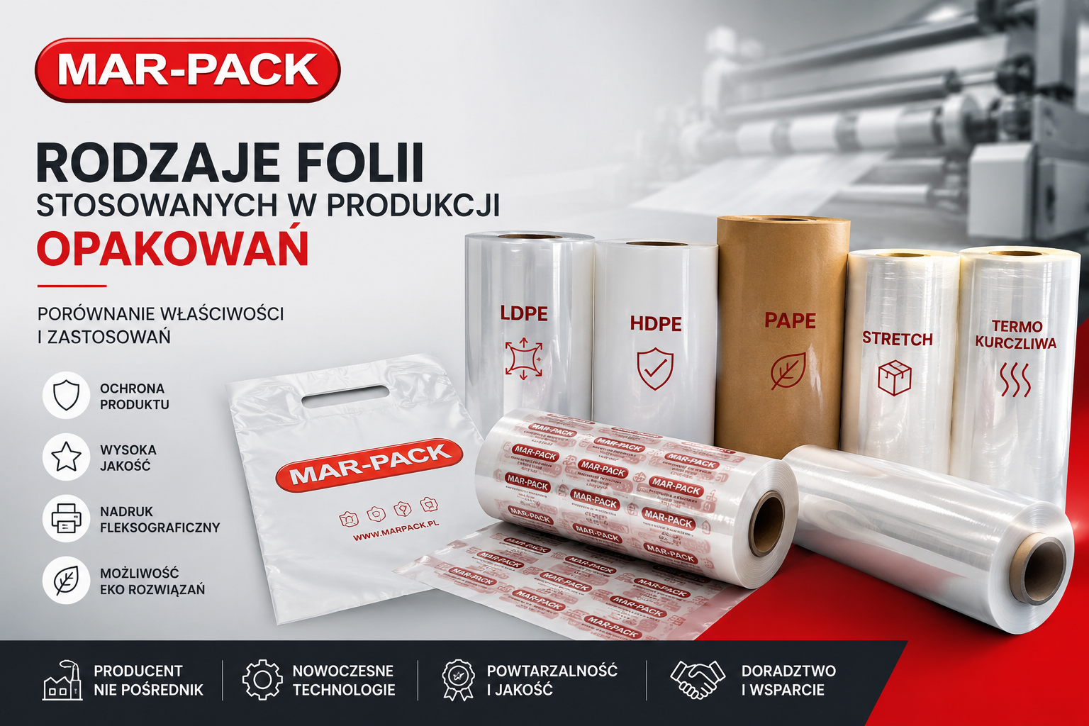 Wybór odpowiedniej folii opakowaniowej ma kluczowe znaczenie dla bezpieczeństwa produktu, efektywności transportu oraz profesjonalnego wizerunku marki, MAR-PACK dobiera folie LDPE, HDPE, PAPE, stretch i termokurczliwe do konkretnych zastosowań, Jako producent opakowań foliowych oferujemy kompleksową obsługę, wysokiej jakości nadruk fleksograficzny i rozwiązania wspierające sprzedaż.