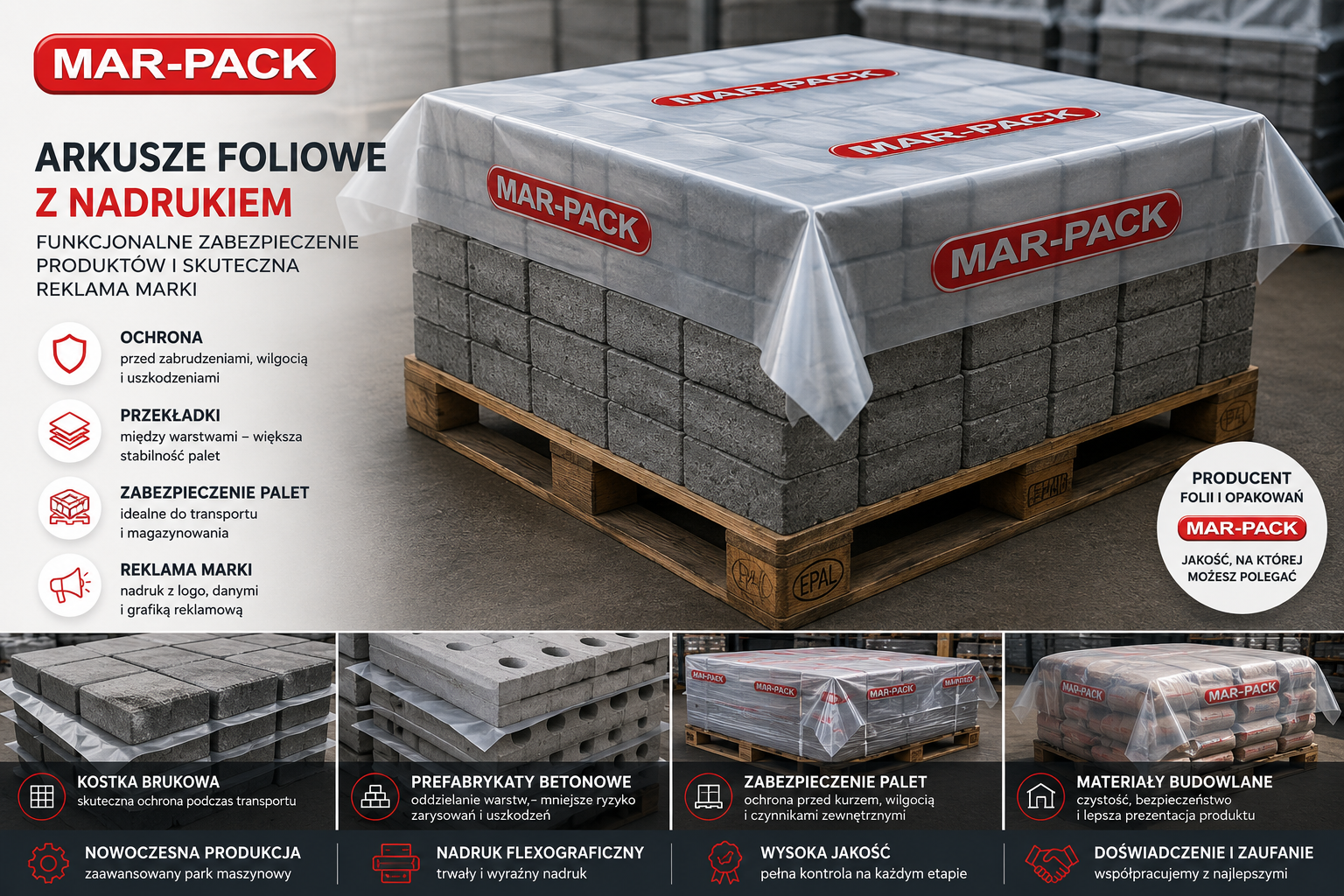 Arkusze foliowe z nadrukiem MAR-PACK skutecznie zabezpieczają palety, kostkę brukową, prefabrykaty betonowe i materiały budowlane podczas transportu oraz magazynowania. Profesjonalny nadruk z logo wzmacnia rozpoznawalność marki i sprawia, że każda paleta staje się dodatkową powierzchnią reklamową. Jako producent opakowań foliowych zapewniamy trwałość, estetykę, powtarzalność oraz rozwiązania dopasowane do potrzeb branży budowlanej i przemysłowej.