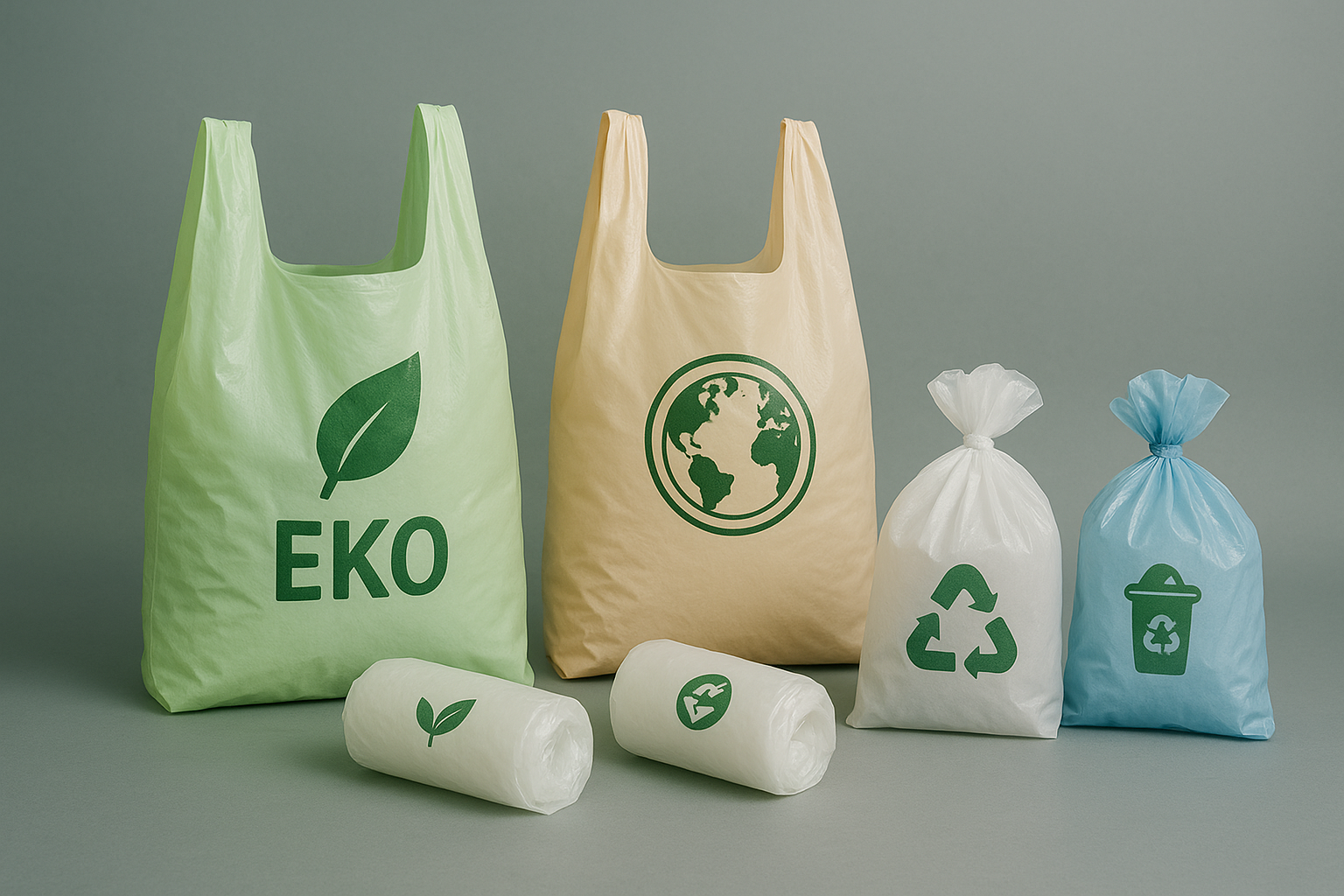 ekologiczne opakowania, torby foliowe, reklamówki eko, worki na śmieci, symbole recyklingu, opakowania biodegradowalne, plastik z recyklingu, torby wielorazowe, kolorowe reklamówki, folia mleczna, folia transparentna, worki foliowe kolorowe, opakowania przyjazne środowisku, znak eko, plastik użytkowy, produkty ekologiczne, torby zakupowe eko, eco packaging, recycle symbol, plastikowe opakowania eko
